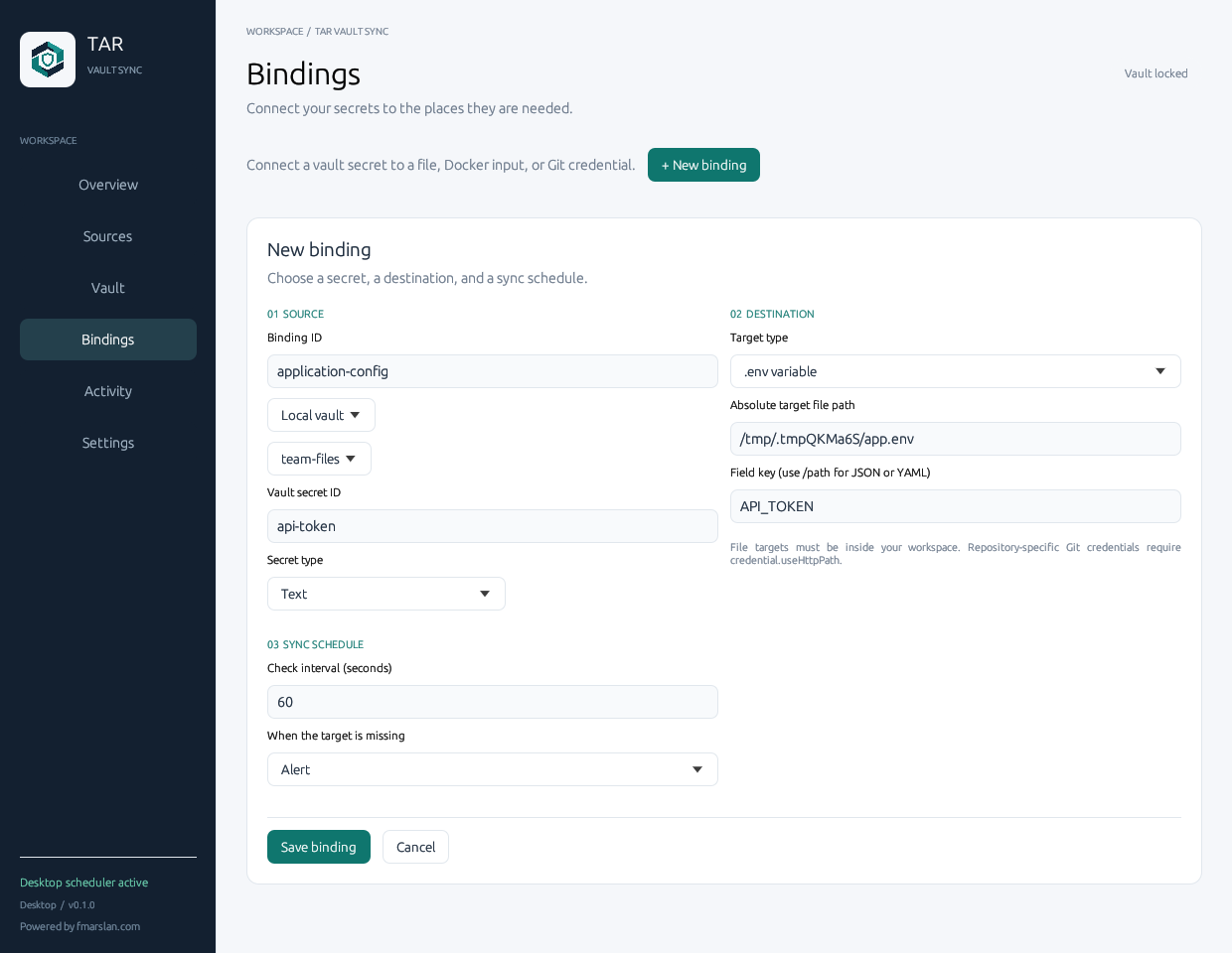 Binding editor with source, destination and schedule panels