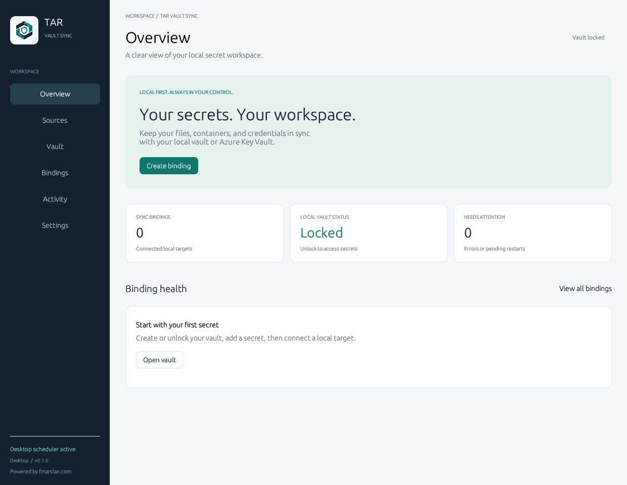 Native desktop Overview page with binding health and locked vault status