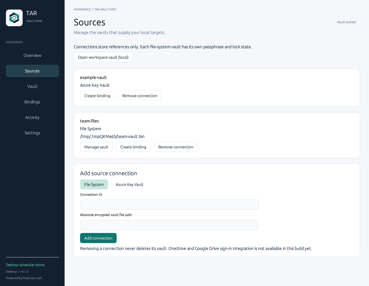 Sources page showing file-system and Azure connection cards