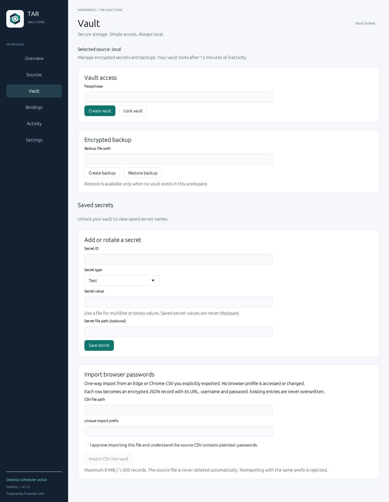Vault access, entry editor, backup and explicit-consent CSV import controls with empty secret fields